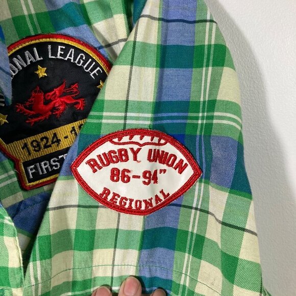 Mens Raw Blue Fearless Rebel Shirt Button Plaid Short Sleeve Embroidered 2XL - Picture 4 of 9